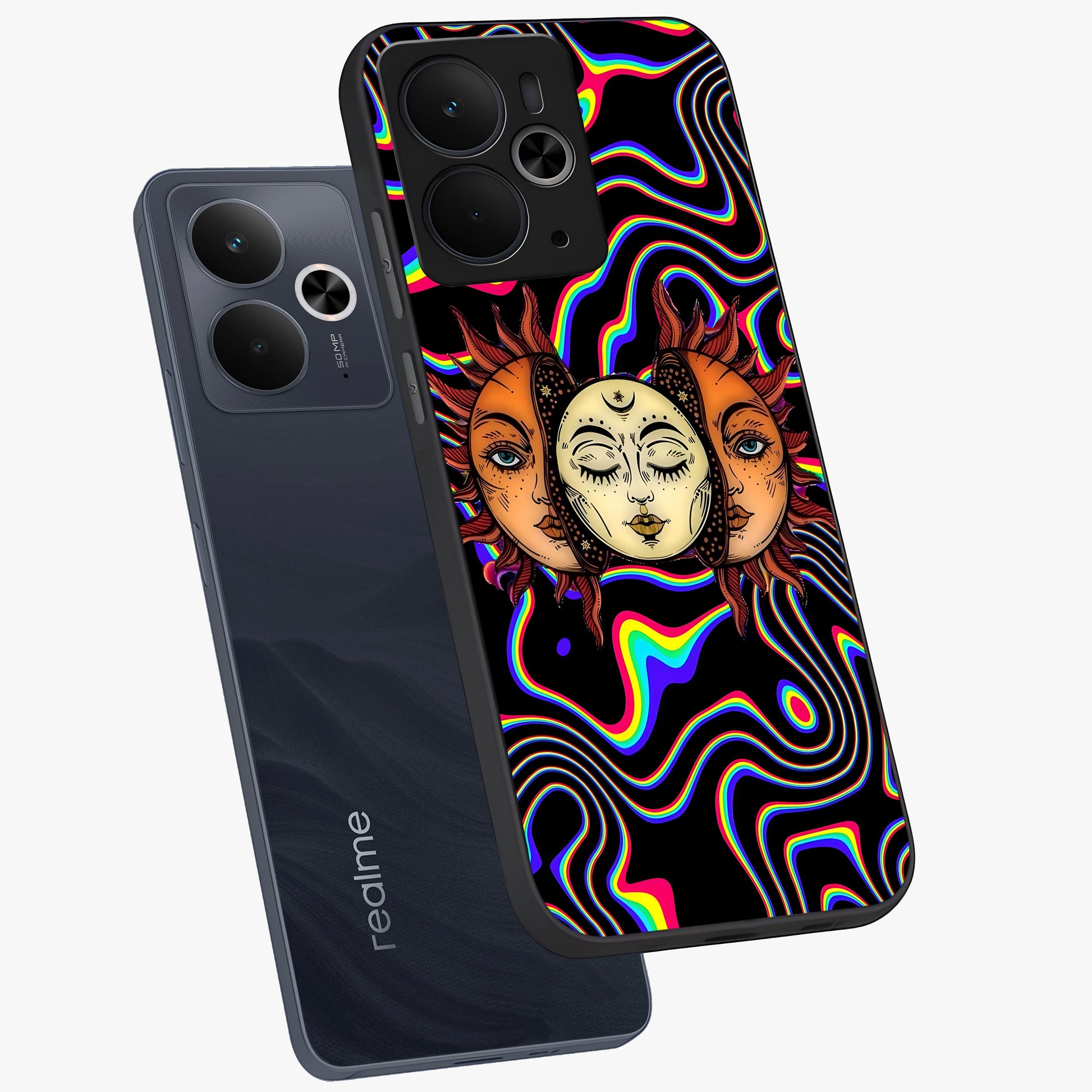 Psychedelic Sun Glass Case displayed in angled mockup highlighting vibrant abstract sun design with artistic aesthetic style.