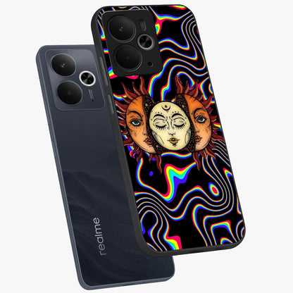 Psychedelic Sun Glass Case displayed in angled mockup highlighting vibrant abstract sun design with artistic aesthetic style.