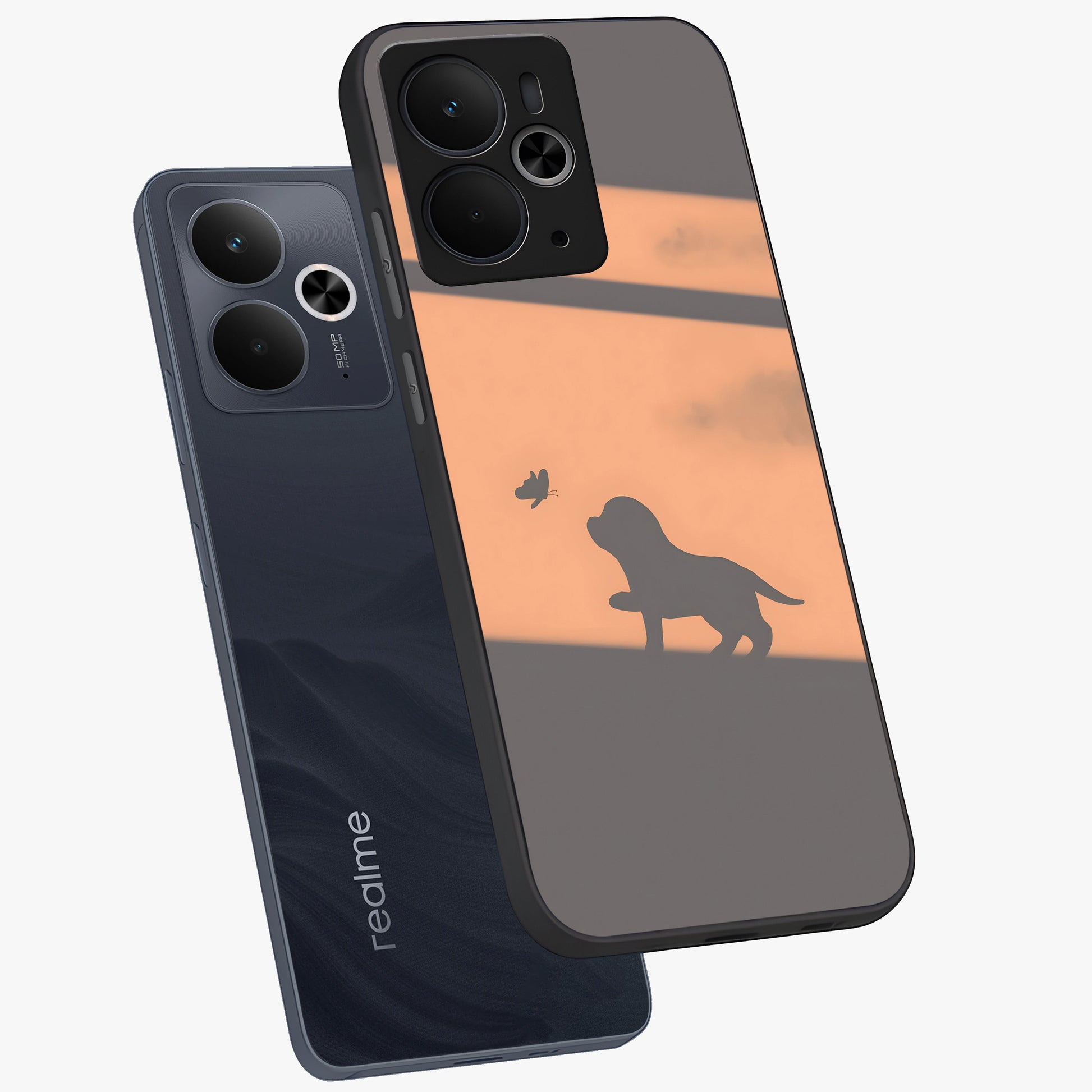 Puppy Shadow Art Glass Case displayed in angled mockup highlighting playful dog illustration with artistic shadow aesthetic.