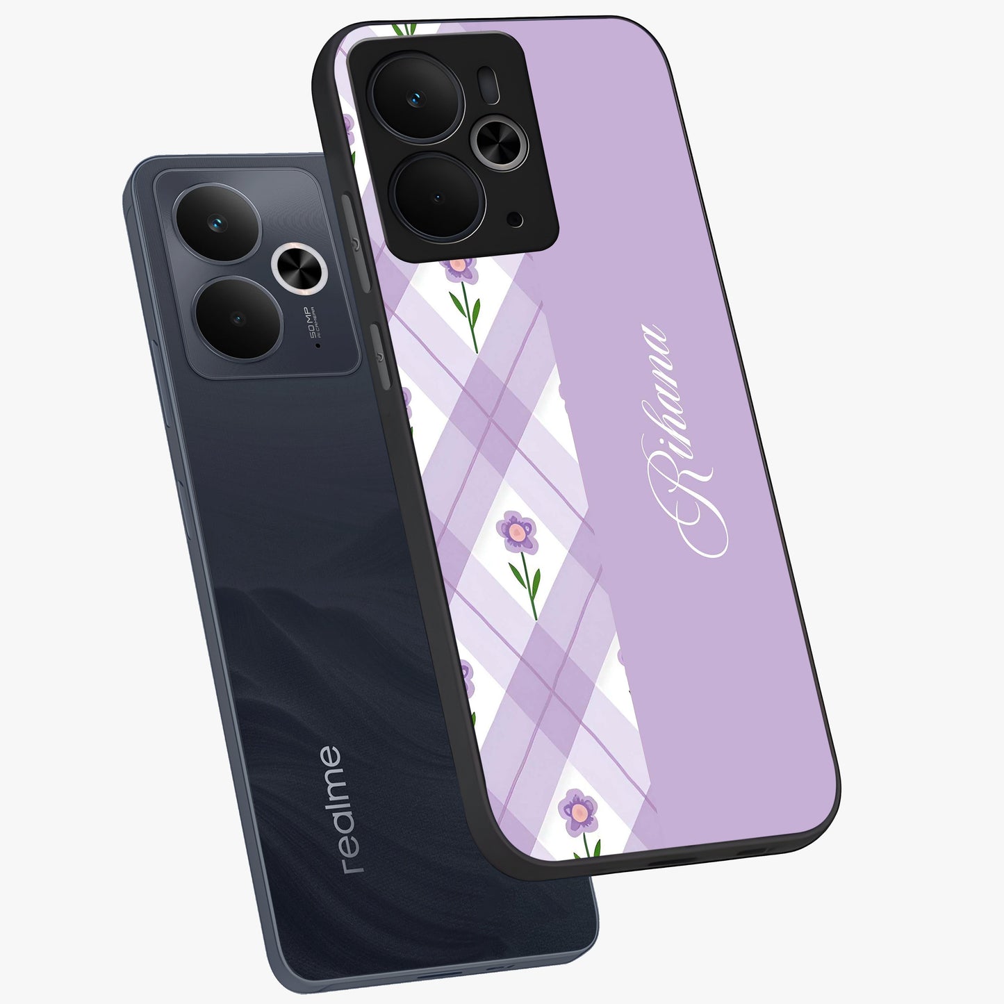 Purple Diamond Floral Glass Case displayed in angled mockup highlighting elegant purple flower design with decorative pattern.