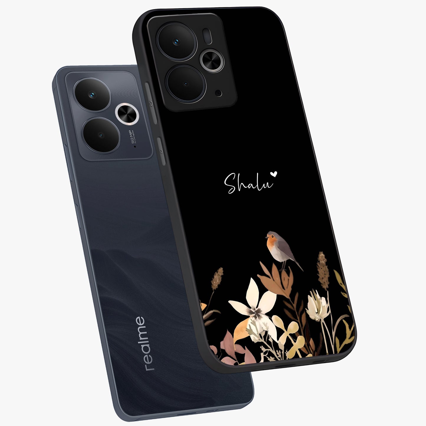Quiet Garden Tune Custom Name Glass Case displayed in angled mockup highlighting delicate floral garden design with custom name feature.