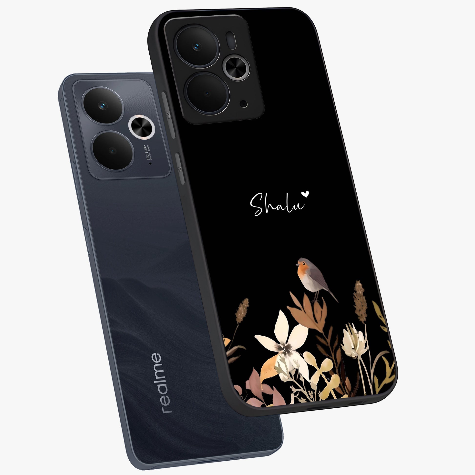 Quiet Garden Tune Custom Name Glass Case displayed in angled mockup highlighting delicate floral garden design with custom name feature.