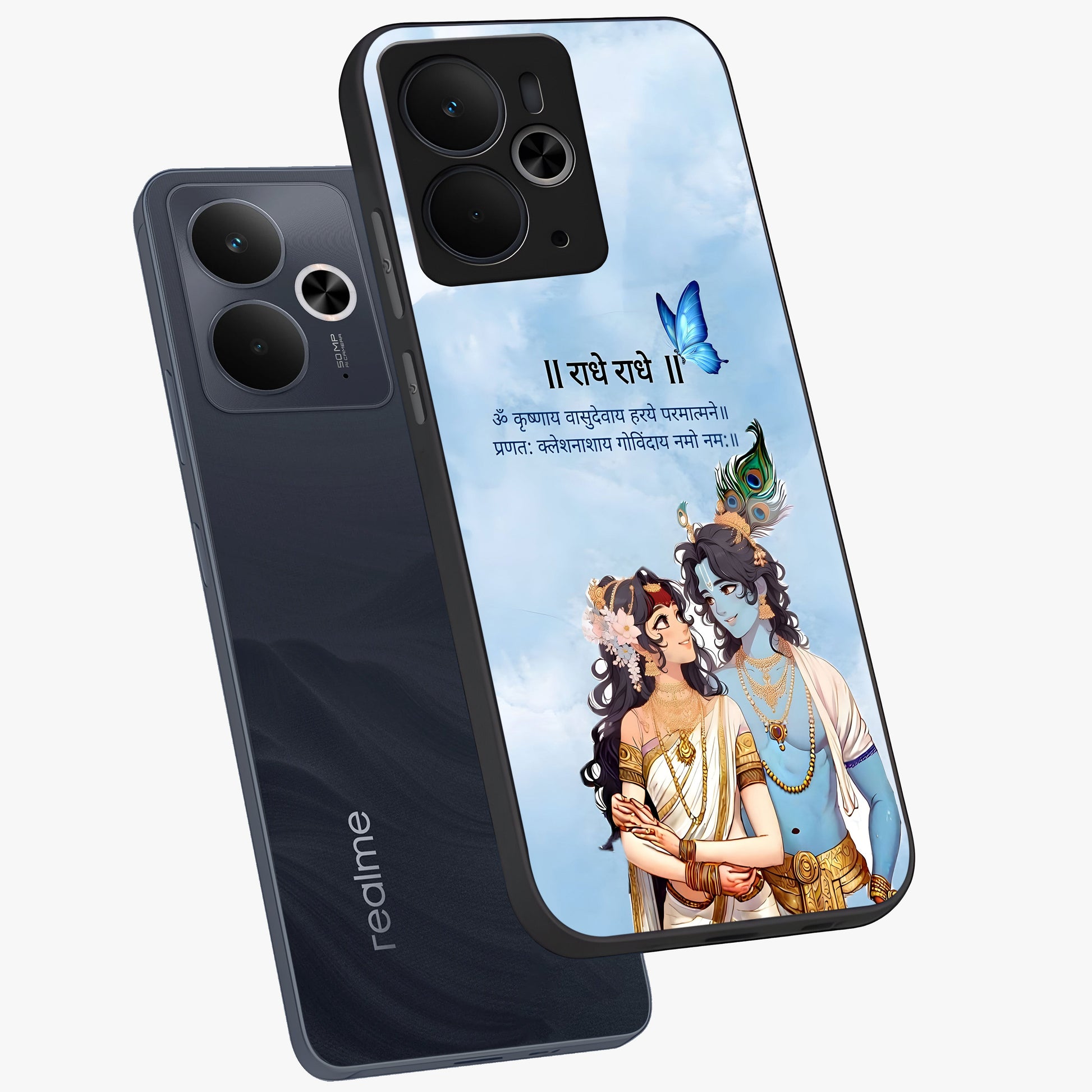 Radha Krishna Eternal Glass Case displayed in angled mockup highlighting divine Radha Krishna illustration with spiritual aesthetic.