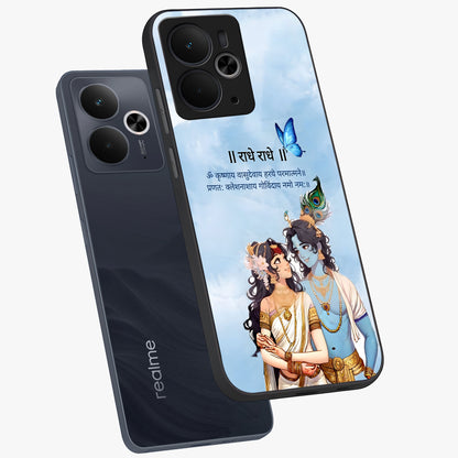 Radha Krishna Eternal Glass Case displayed in angled mockup highlighting divine Radha Krishna illustration with spiritual aesthetic.