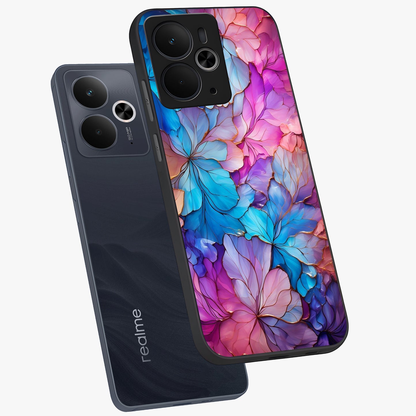Radiant Floral Whirl Glass Case displayed in angled mockup highlighting vibrant flower pattern with dynamic artistic aesthetic.