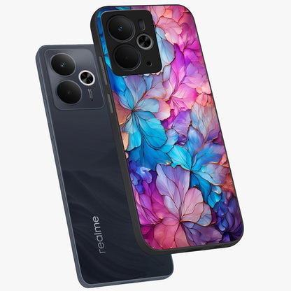 Radiant Floral Whirl Glass Case displayed in angled mockup highlighting vibrant flower pattern with dynamic artistic aesthetic.