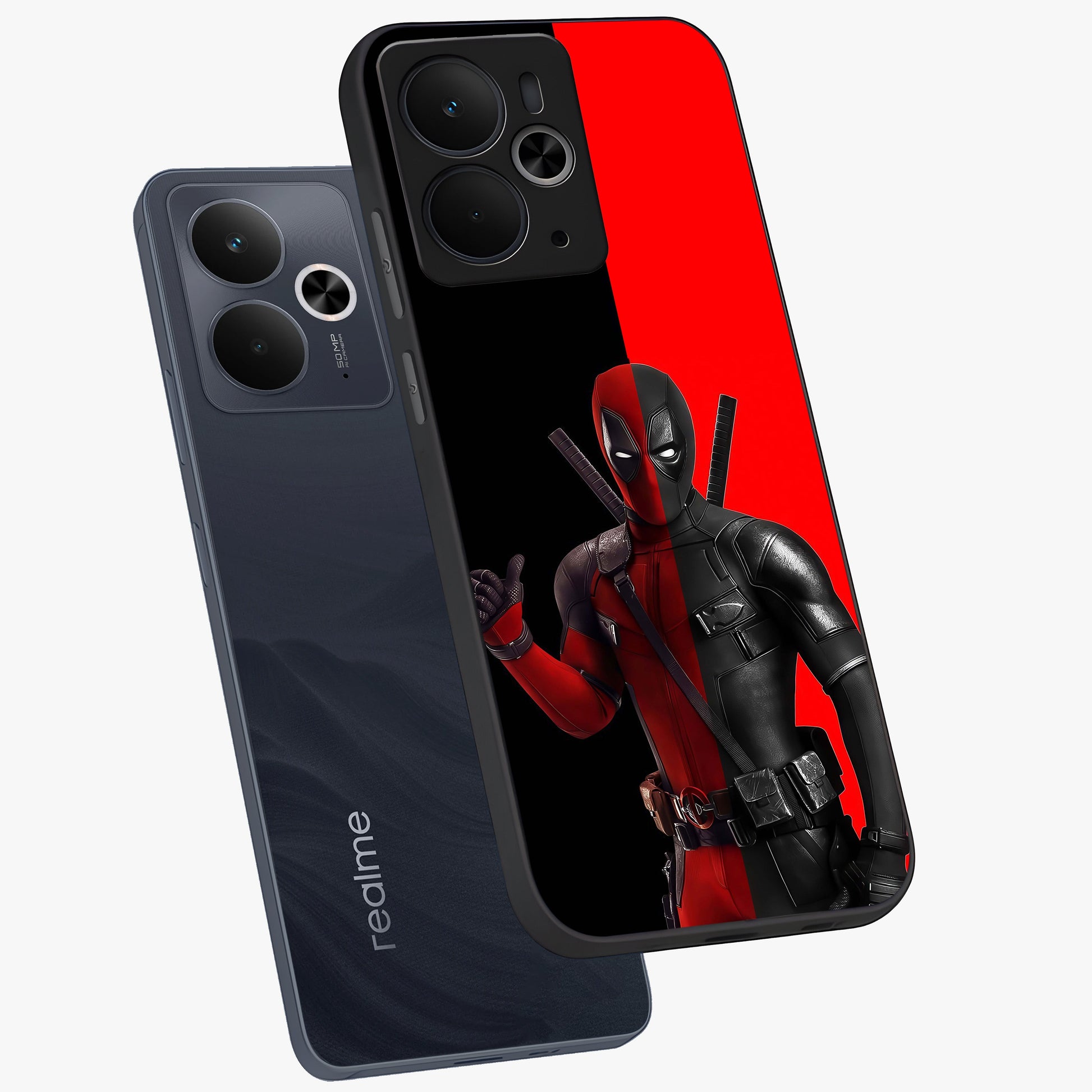 Red & Black Deadpool Theme Glass Case displayed in angled mockup highlighting vibrant superhero style illustration with action aesthetic.