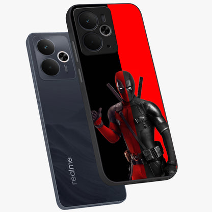 Red & Black Deadpool Theme Glass Case displayed in angled mockup highlighting vibrant superhero style illustration with action aesthetic.