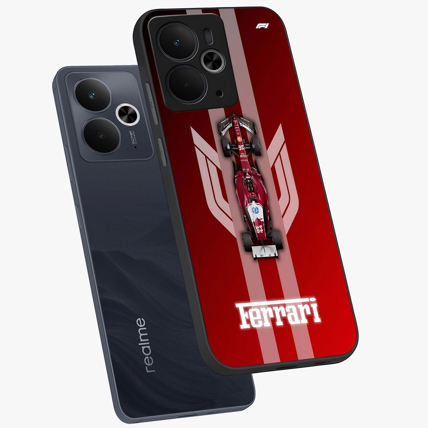 Red Ferrari F1 Vertical Glass Case displayed in angled mockup highlighting high speed racing design with bold automotive aesthetic.