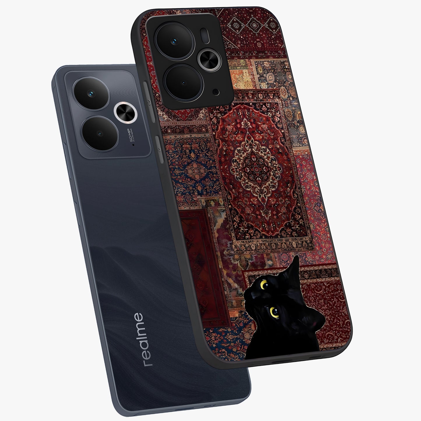 Regal Magic Cat Apple Glass Case displayed in angled mockup highlighting whimsical feline design with fantasy aesthetic.