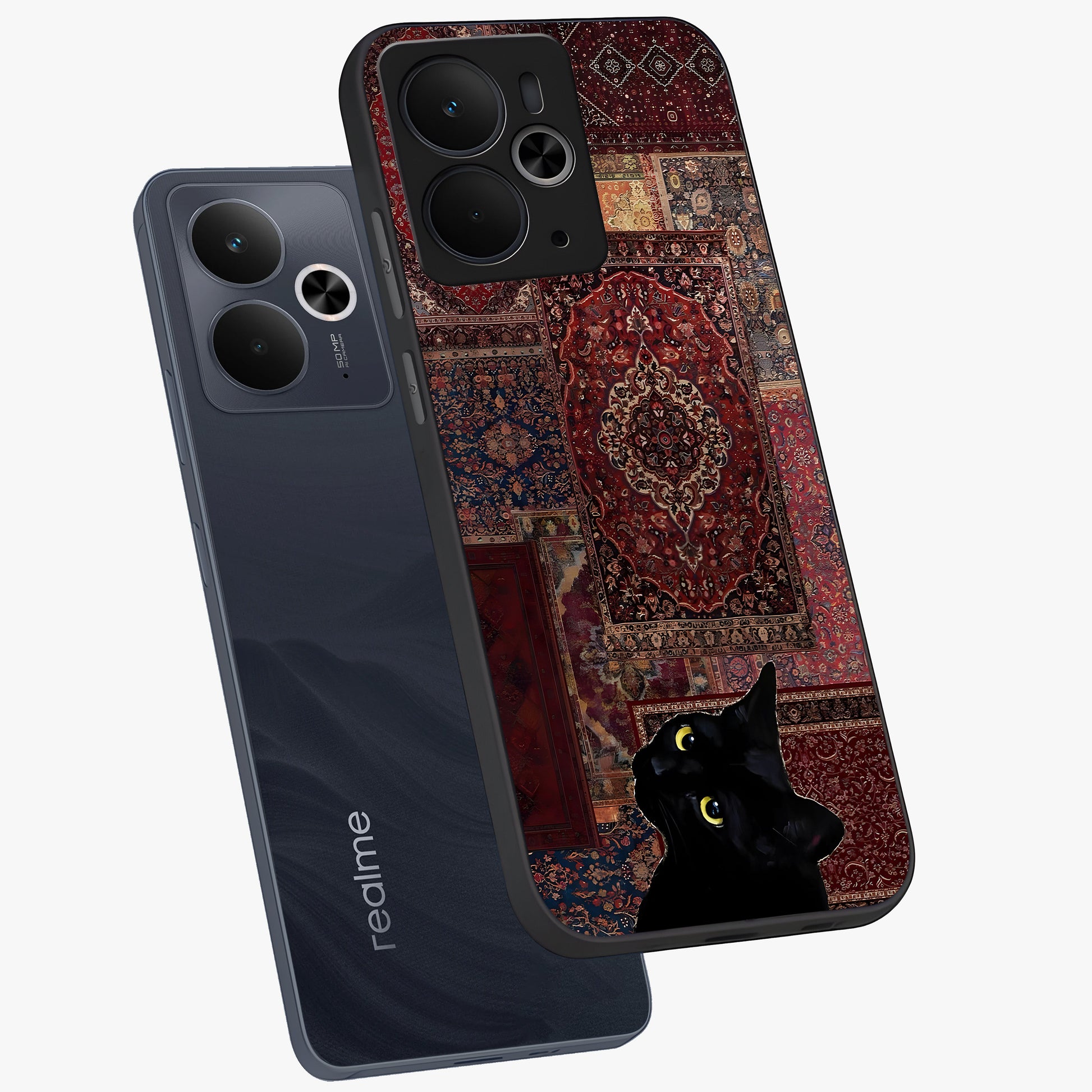 Regal Magic Cat Apple Glass Case displayed in angled mockup highlighting whimsical feline design with fantasy aesthetic.