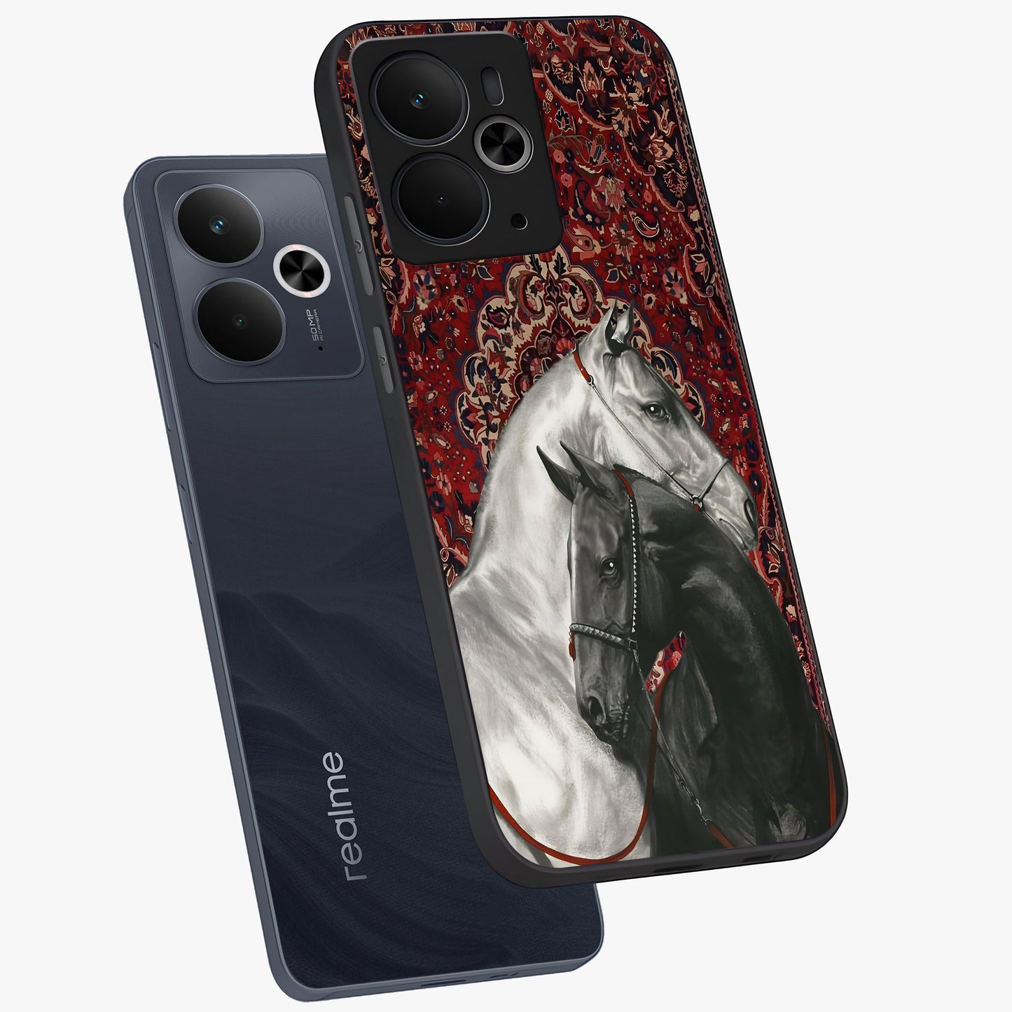 Regal Stallion Tapestry Glass Case displayed in angled mockup highlighting royal stallion design with decorative heritage aesthetic.