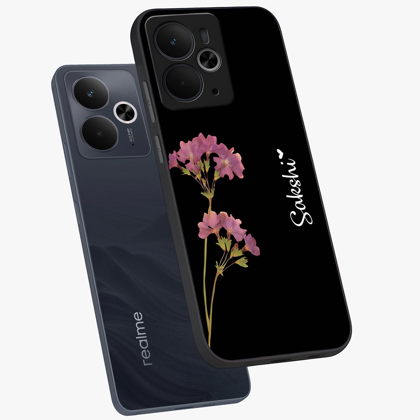 Riching Lavender Flower Custom Name Glass Case displayed in angled mockup highlighting delicate lavender flower design with custom name feature.