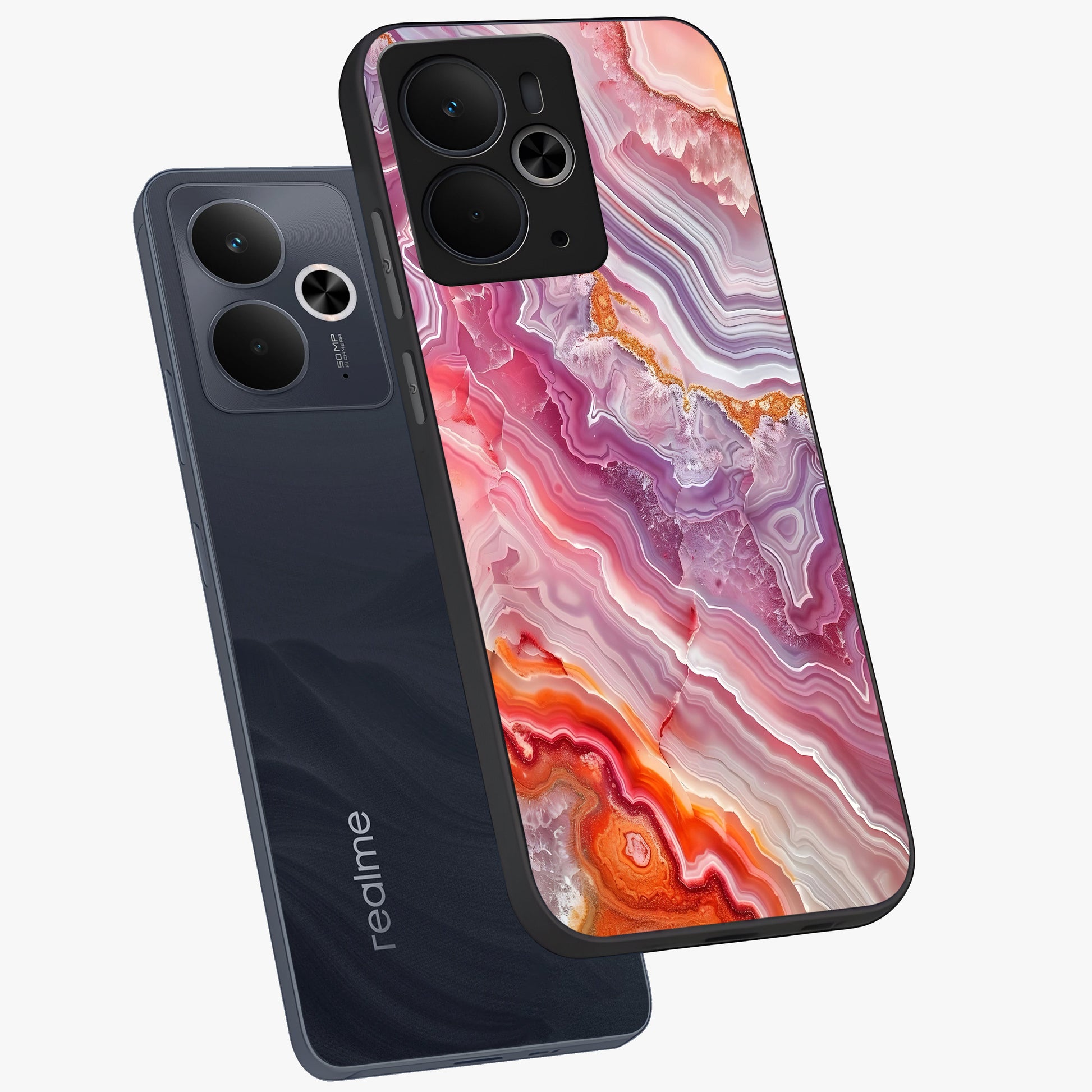 Rose Quartz Marble Glass Case displayed in angled mockup highlighting elegant marble pattern with soft aesthetic style.