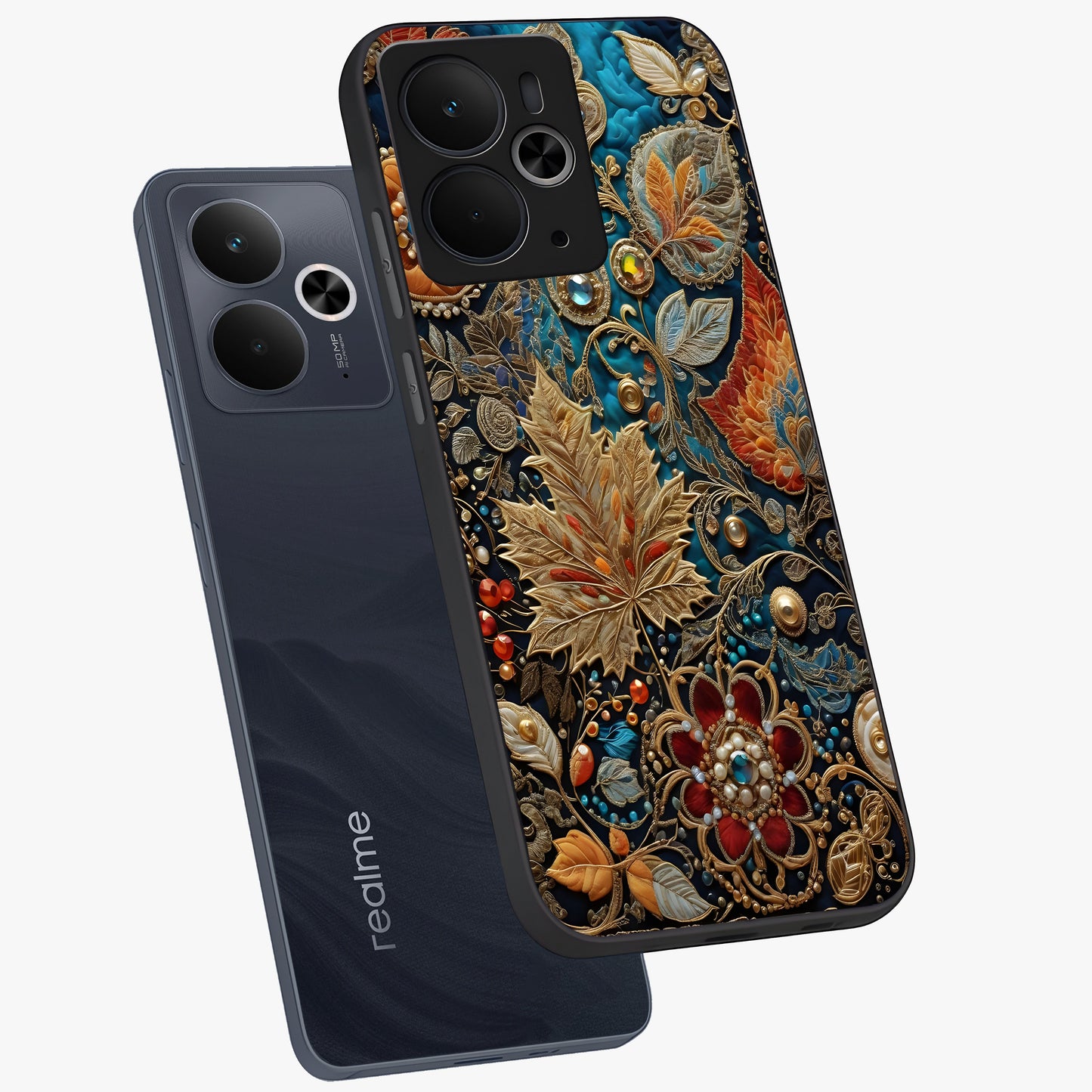 Royal Jewel Garden Glass Case displayed in angled mockup highlighting vibrant jewel inspired floral design with elegant aesthetic.