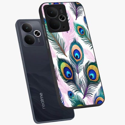 Royal Peacock Feathers Glass Case displayed in angled mockup highlighting vibrant feather pattern with regal aesthetic style.