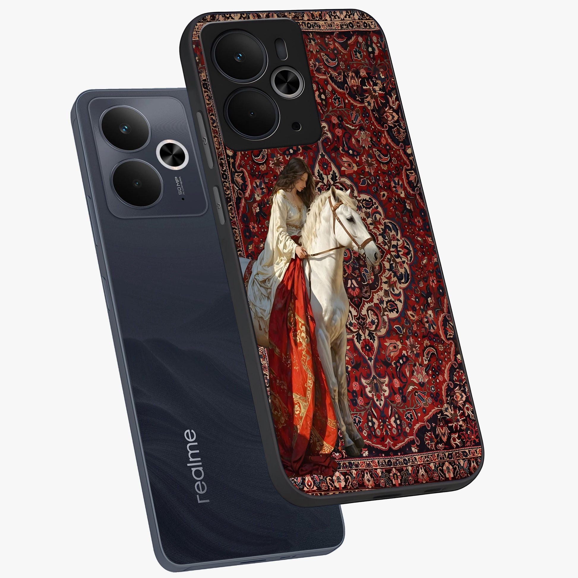 Royal Rider Tapestry Glass Case displayed in angled mockup highlighting traditional tapestry design with royal heritage aesthetic.