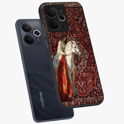 Royal Rider Tapestry Glass Case displayed in angled mockup highlighting traditional tapestry design with royal heritage aesthetic.