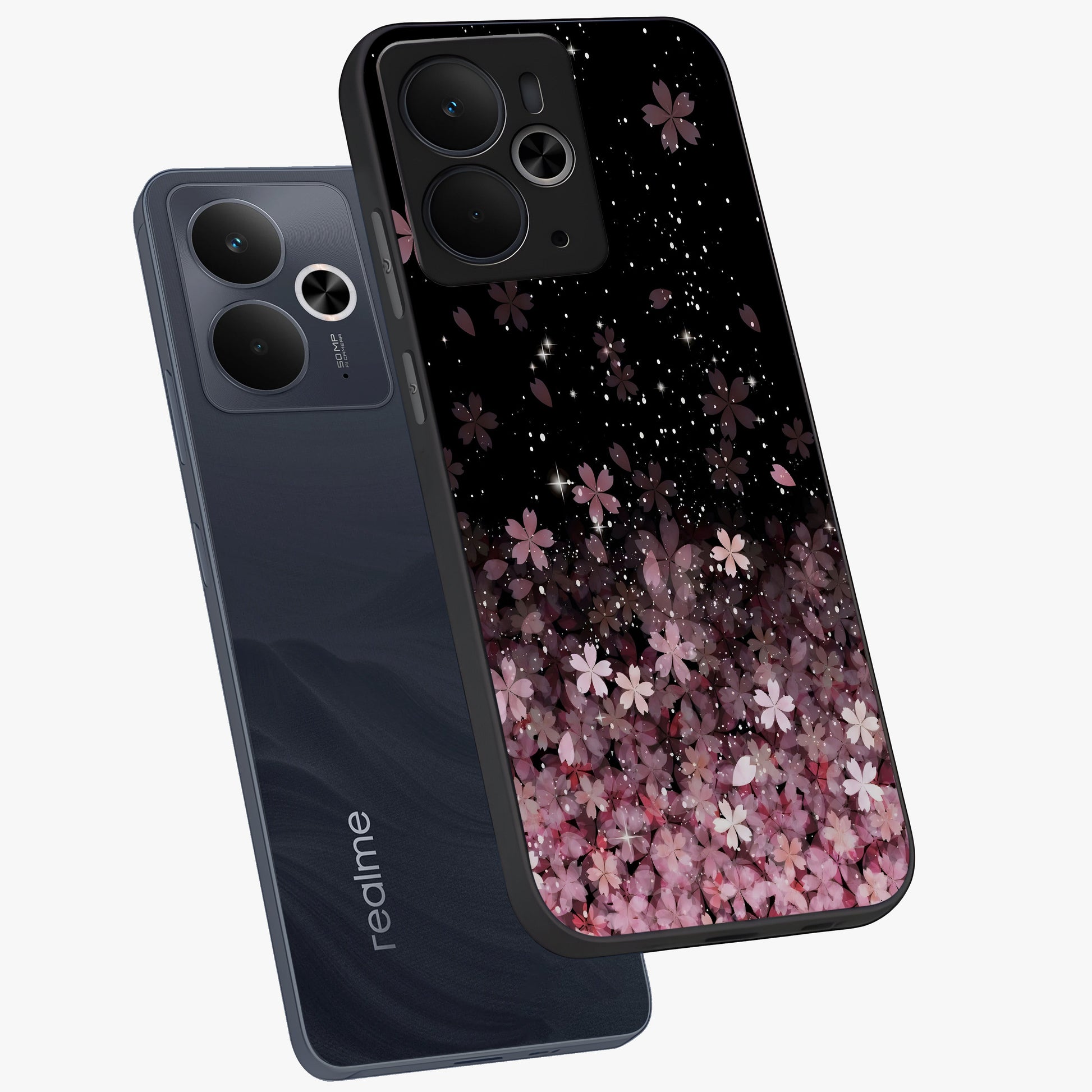 Small Starry Flowers Glass Case displayed in angled mockup highlighting tiny flower pattern with celestial aesthetic style.