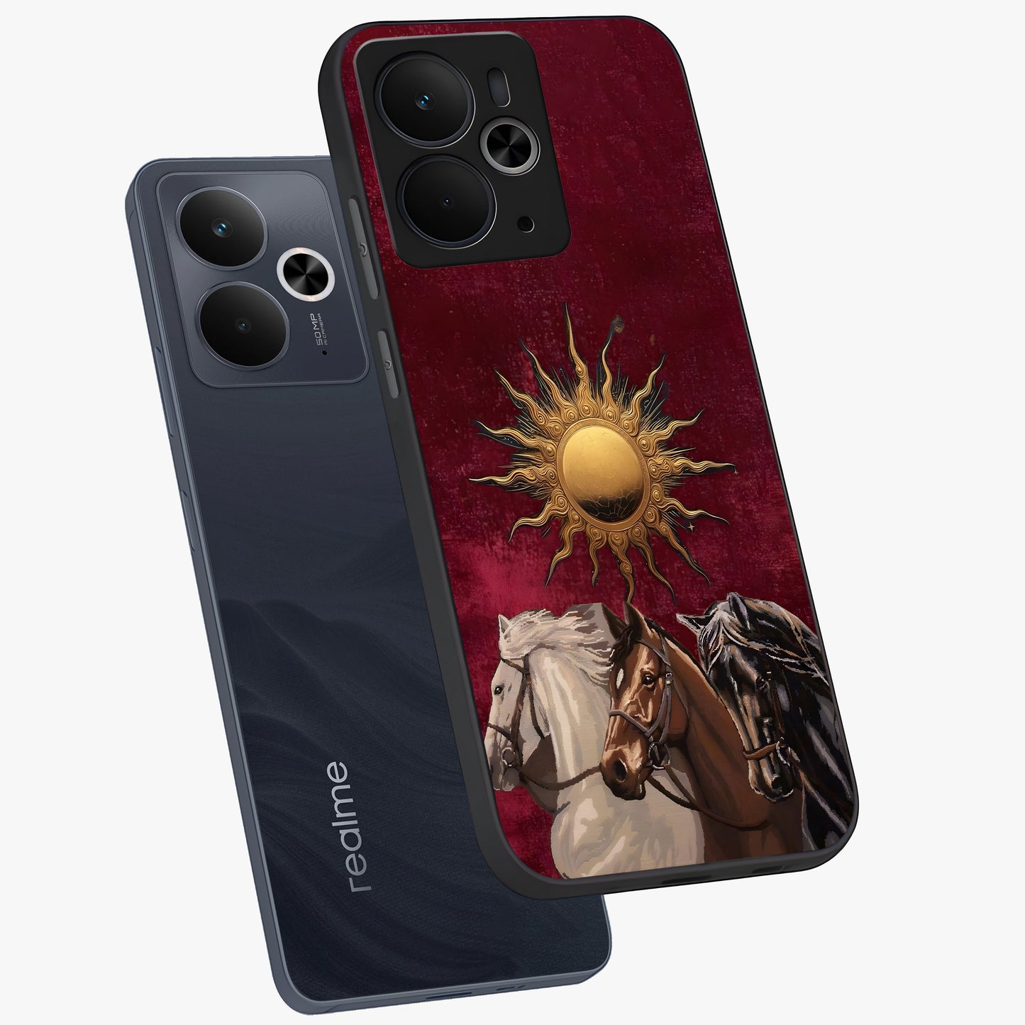 Solar Riders Glass Case displayed in angled mockup highlighting powerful rider illustration with radiant solar aesthetic.
