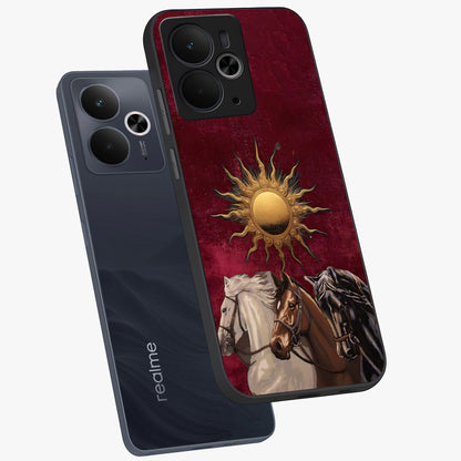 Solar Riders Glass Case displayed in angled mockup highlighting powerful rider illustration with radiant solar aesthetic.