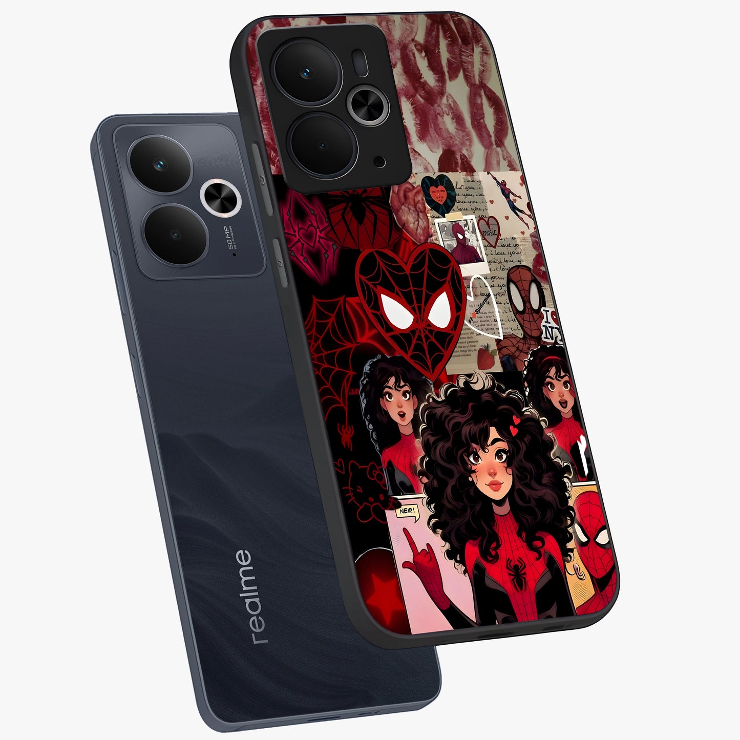 Spider Love Story Glass Case displayed in angled mockup highlighting expressive comic inspired design with playful aesthetic.