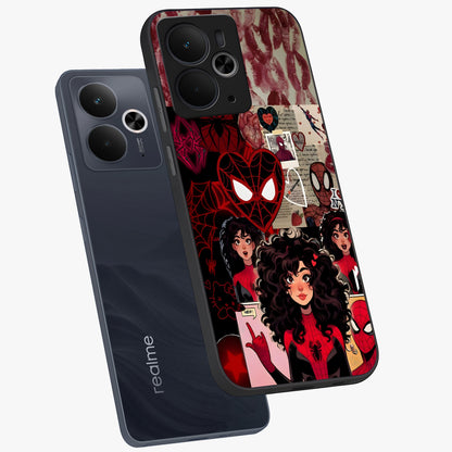 Spider Love Story Glass Case displayed in angled mockup highlighting expressive comic inspired design with playful aesthetic.