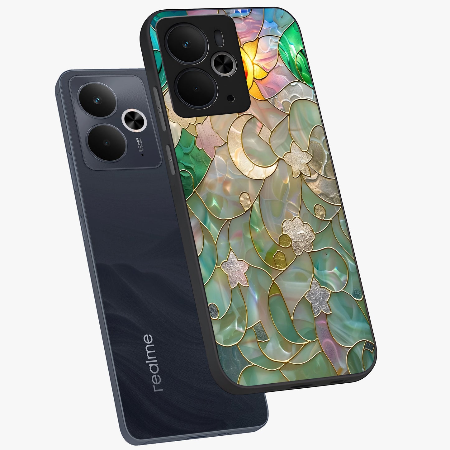 Stained Sunrise Glow Glass Case displayed in angled mockup highlighting radiant sunrise design with artistic aesthetic style.