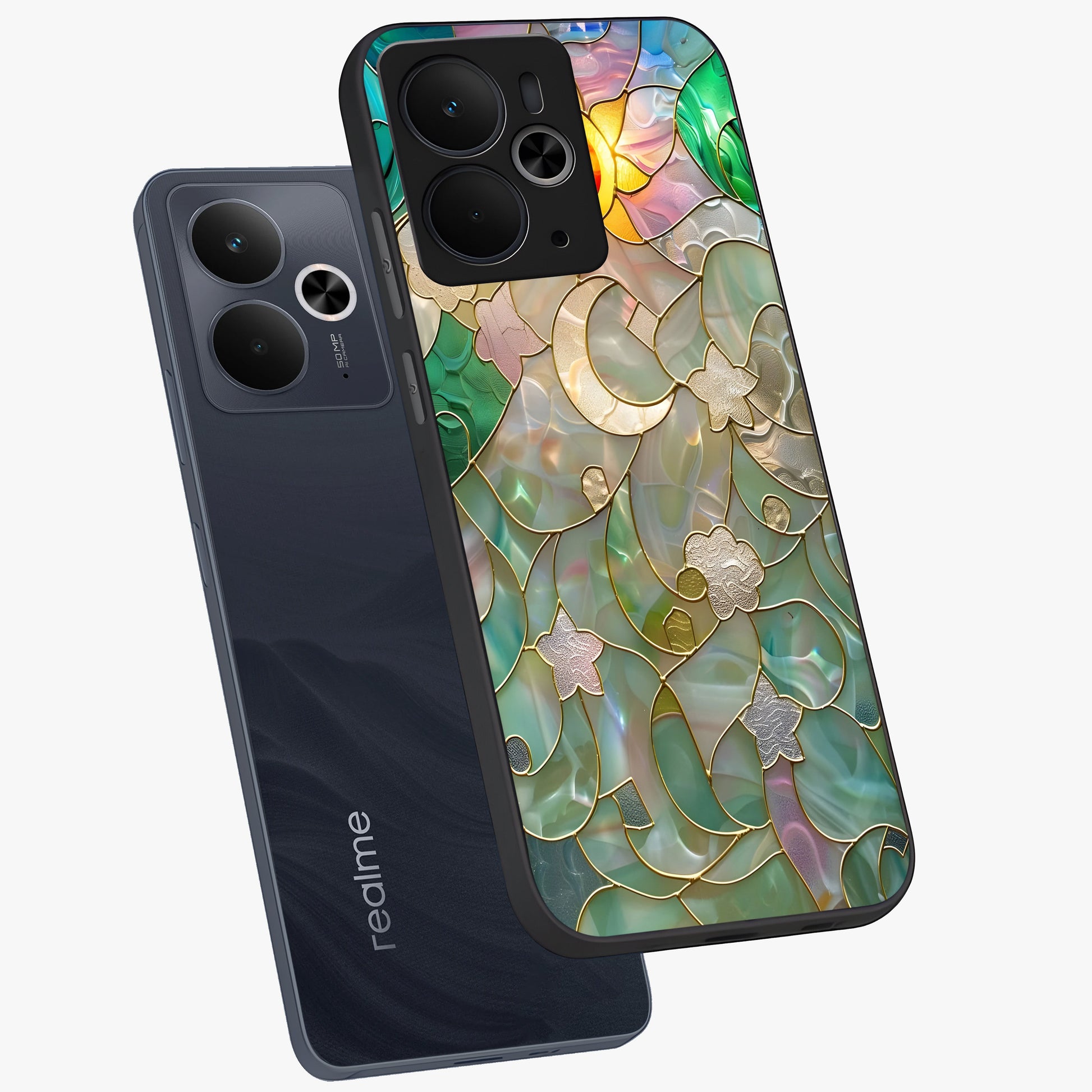 Stained Sunrise Glow Glass Case displayed in angled mockup highlighting radiant sunrise design with artistic aesthetic style.