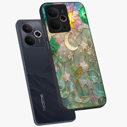 Stained Sunrise Glow Glass Case displayed in angled mockup highlighting radiant sunrise design with artistic aesthetic style.