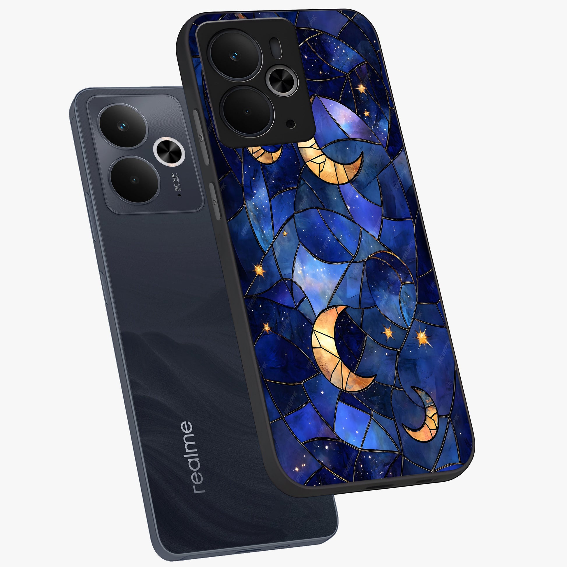 Starlit Sky Tapestry Glass Case displayed in angled mockup highlighting celestial night pattern with artistic aesthetic style.