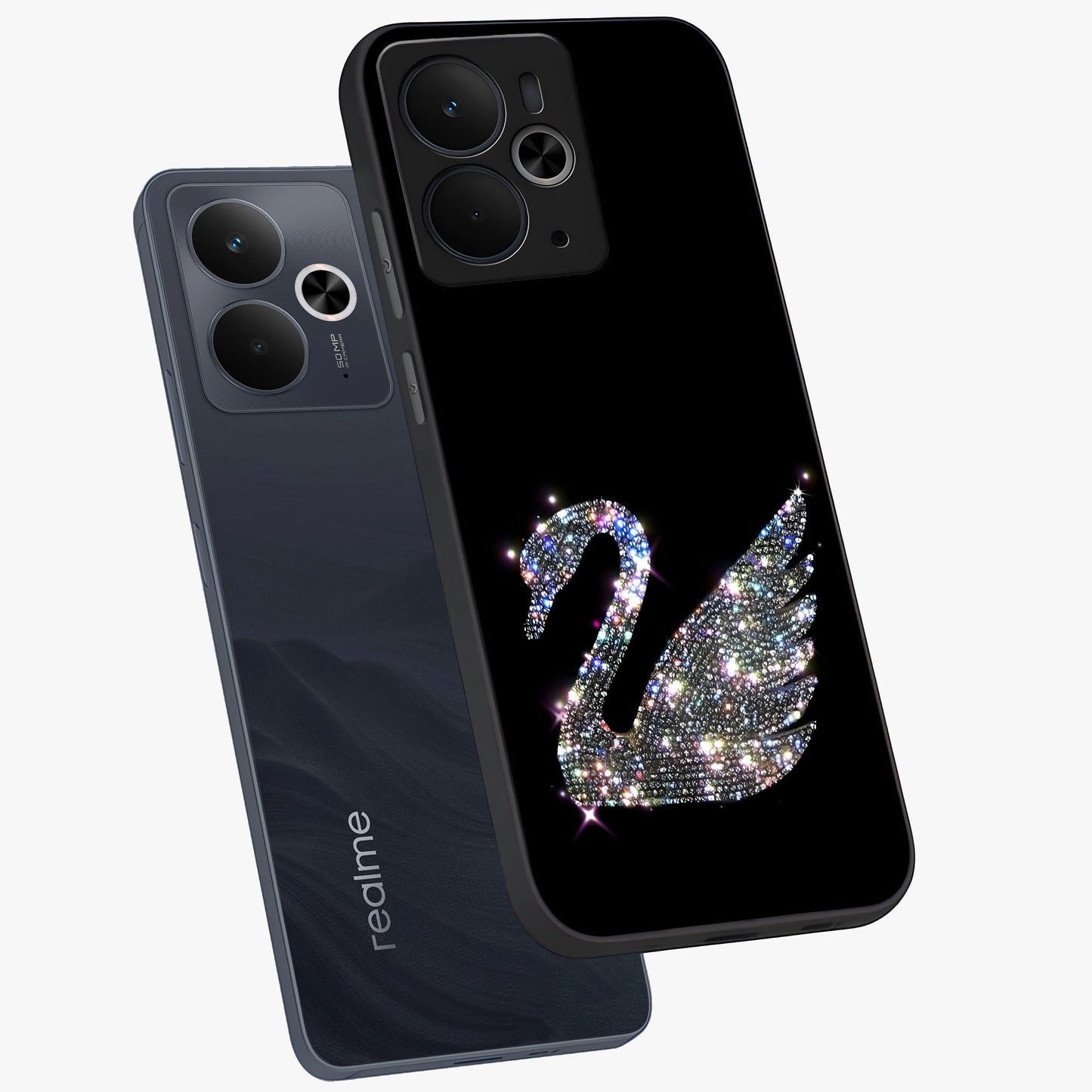 Starlit Swan Grace Glass Case displayed in angled mockup highlighting elegant swan illustration with dreamy celestial aesthetic.