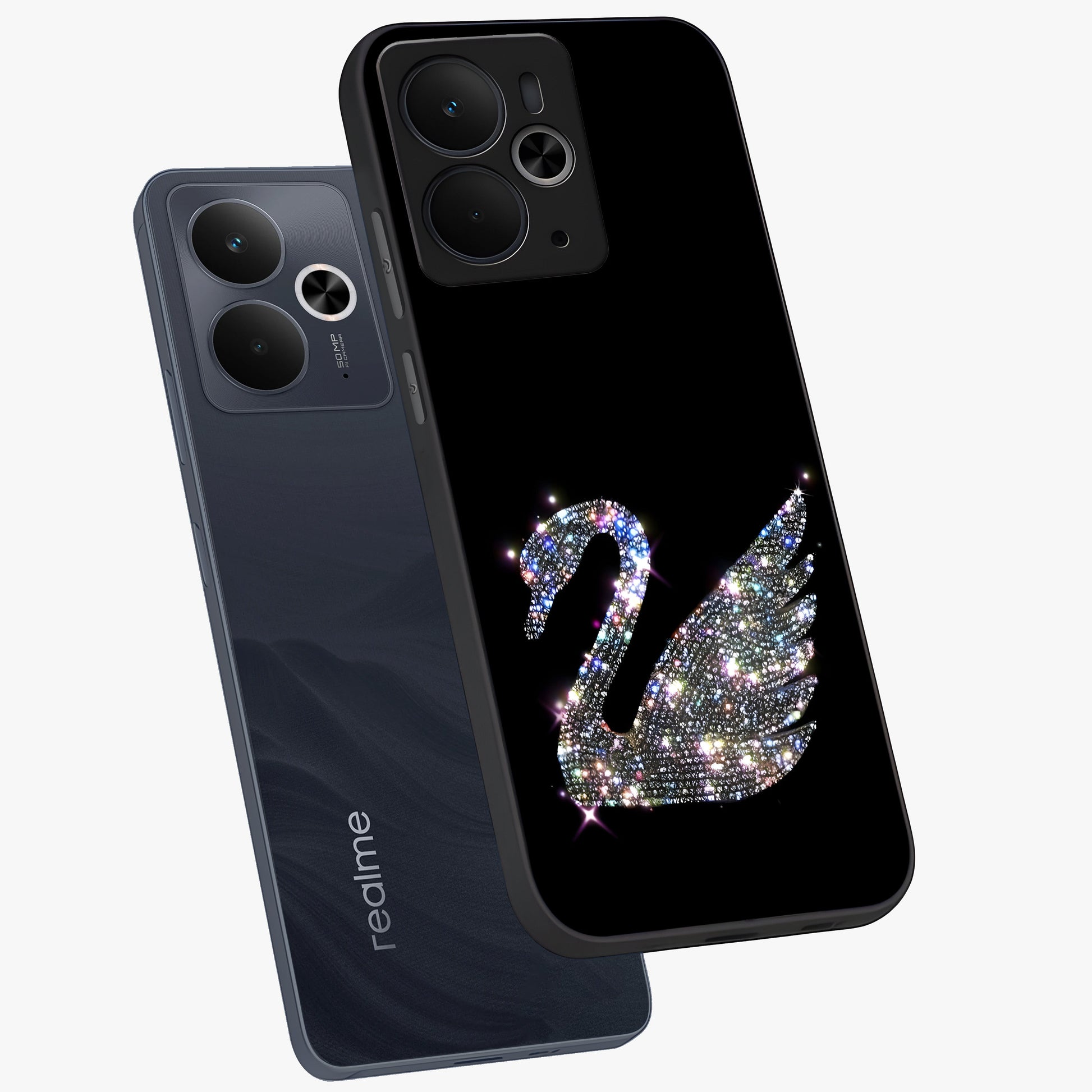 Starlit Swan Grace Glass Case displayed in angled mockup highlighting elegant swan illustration with dreamy celestial aesthetic.