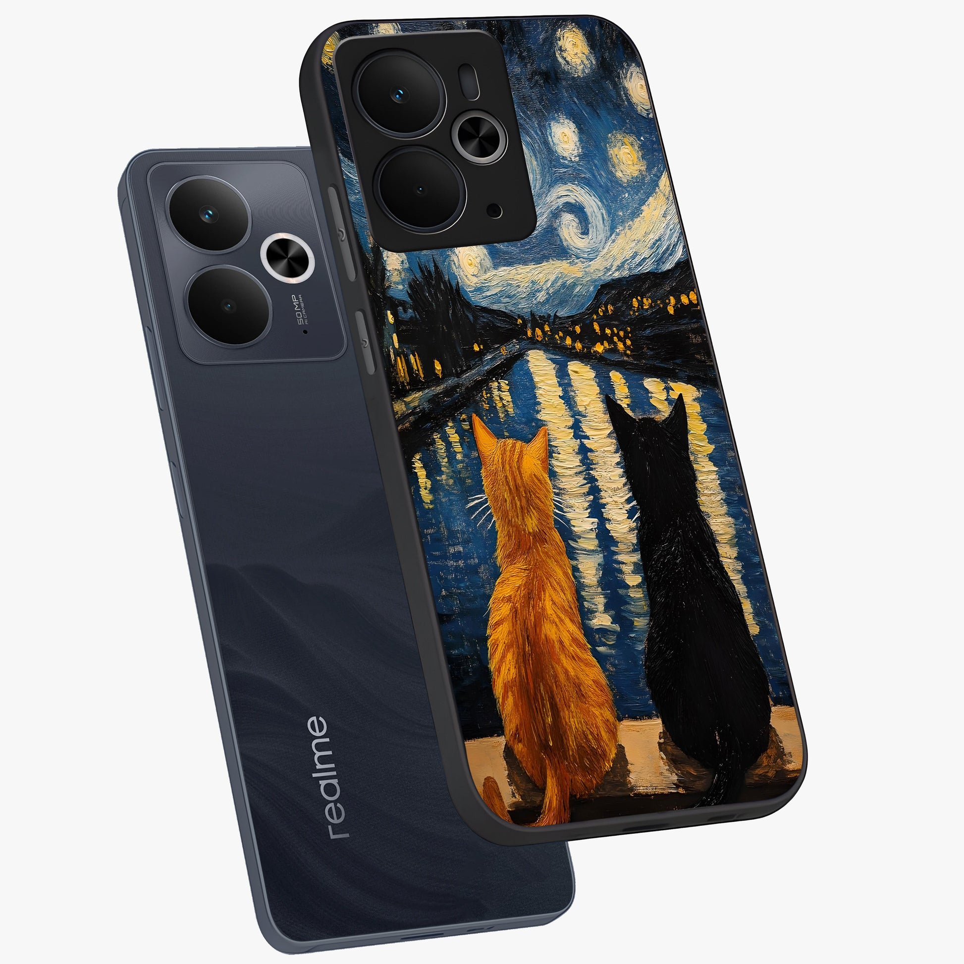 Starry River Cats Glass Case displayed in angled mockup highlighting charming feline illustration with dreamy night aesthetic.