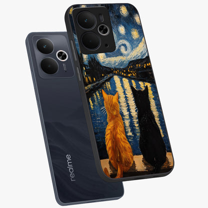 Starry River Cats Glass Case displayed in angled mockup highlighting charming feline illustration with dreamy night aesthetic.
