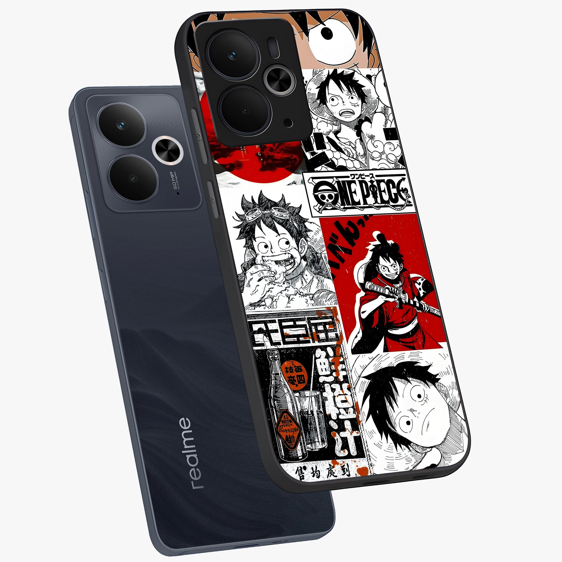 Strawhat Chaos Panels Glass Case displayed in angled mockup highlighting vibrant anime collage design with action aesthetic.