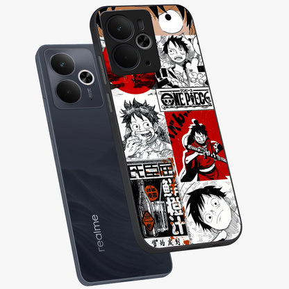 Strawhat Chaos Panels Glass Case displayed in angled mockup highlighting vibrant anime collage design with action aesthetic.