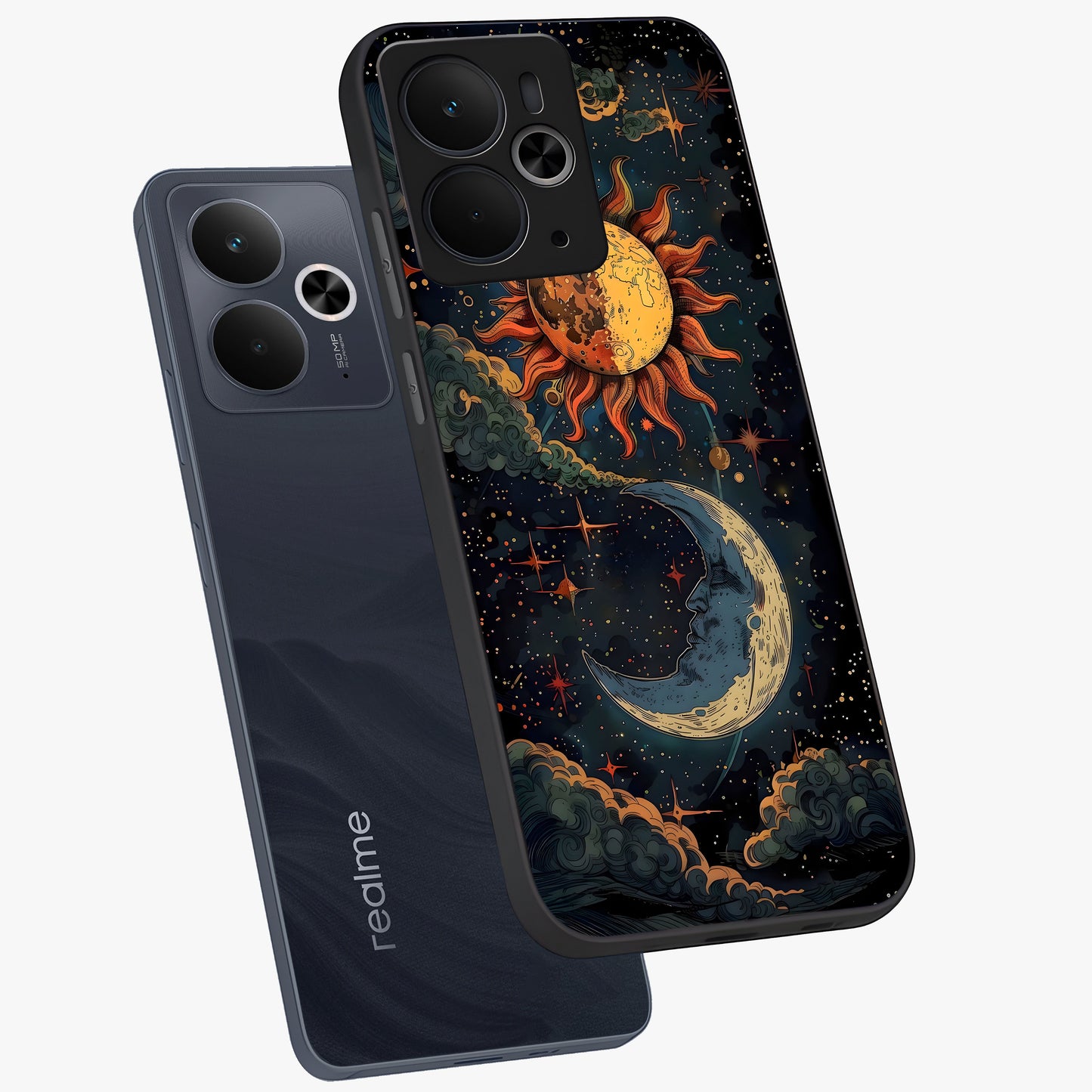 Sun And Moon Magic Design Glass Case displayed in angled mockup highlighting celestial design with magical cosmic aesthetic.