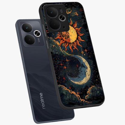 Sun And Moon Magic Design Glass Case displayed in angled mockup highlighting celestial design with magical cosmic aesthetic.