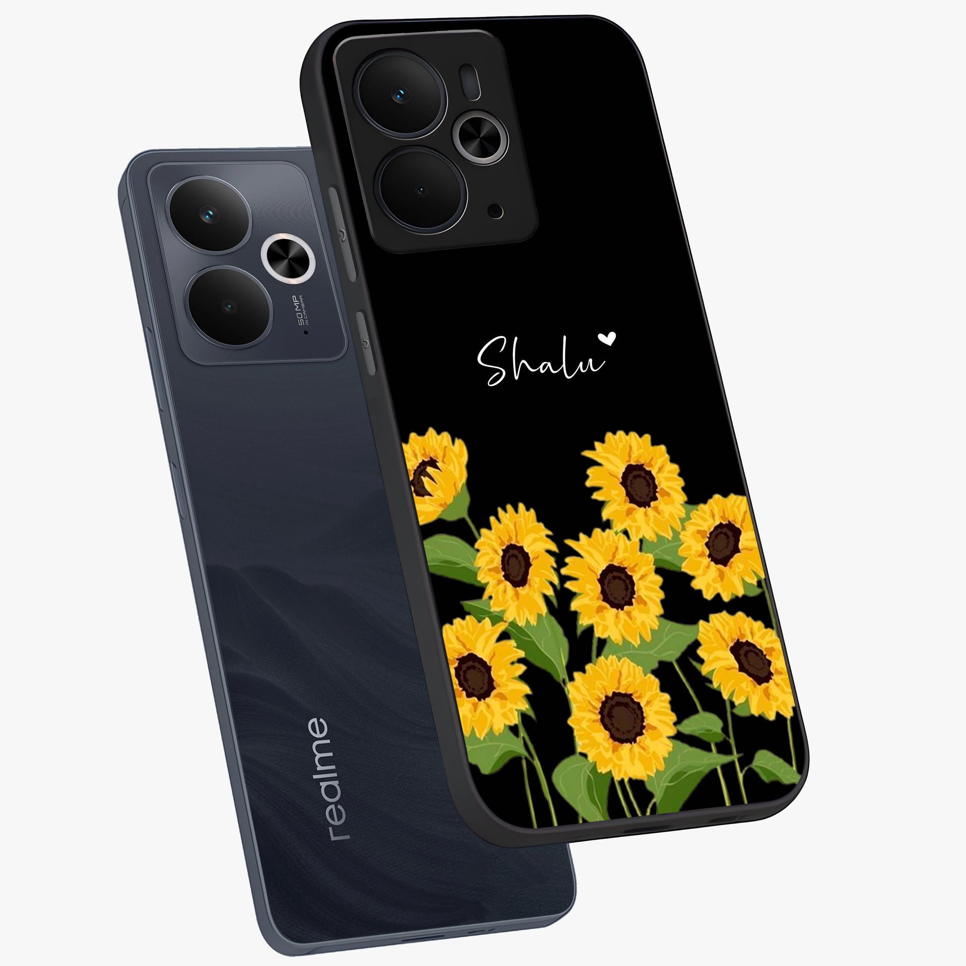 Sunflower Chic Mood Custom Name Glass Case displayed in angled mockup highlighting vibrant sunflower design with custom name feature.