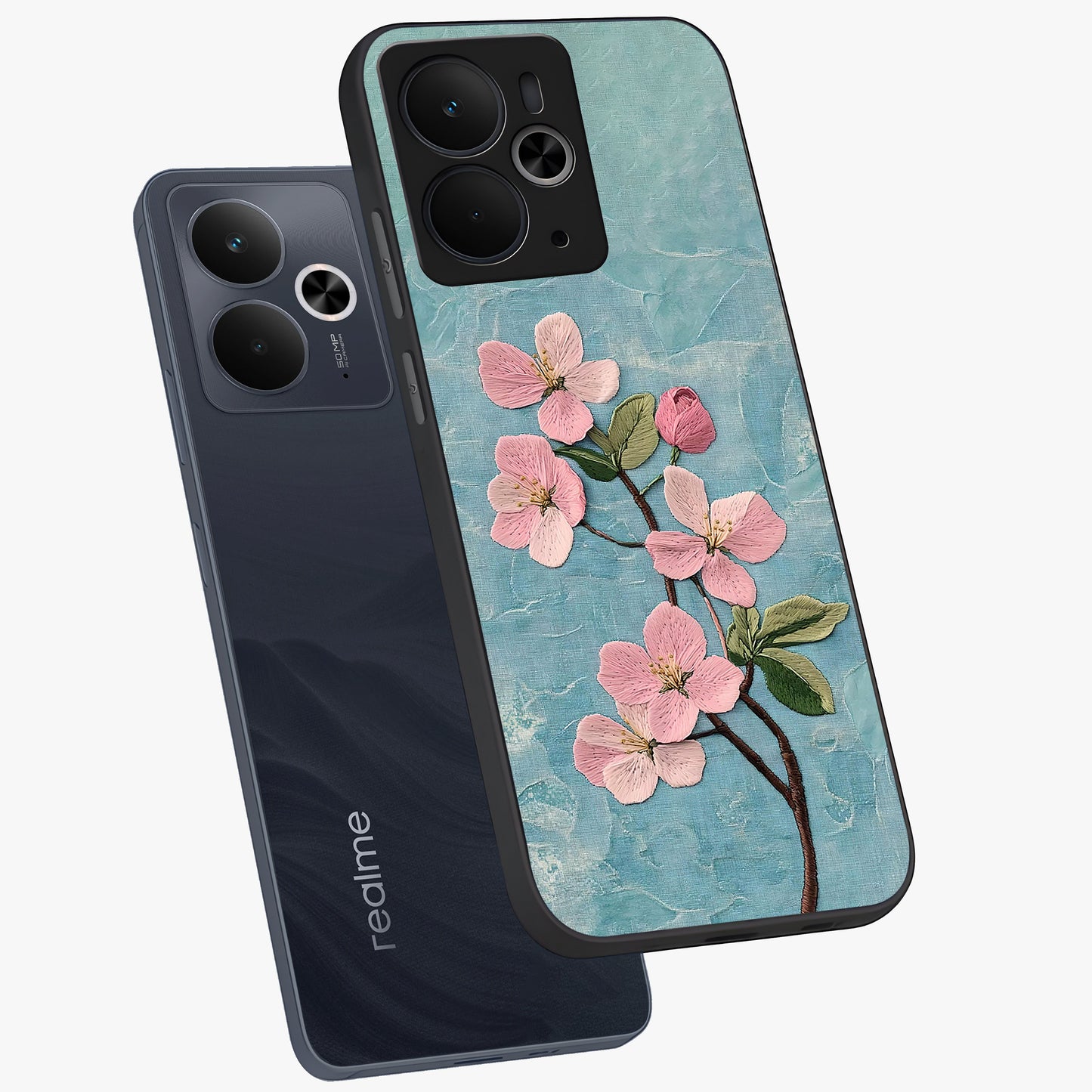 Threaded Blossom Breeze Glass Case displayed in angled mockup highlighting elegant floral design with soft aesthetic style.