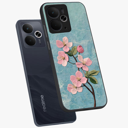 Threaded Blossom Breeze Glass Case displayed in angled mockup highlighting elegant floral design with soft aesthetic style.