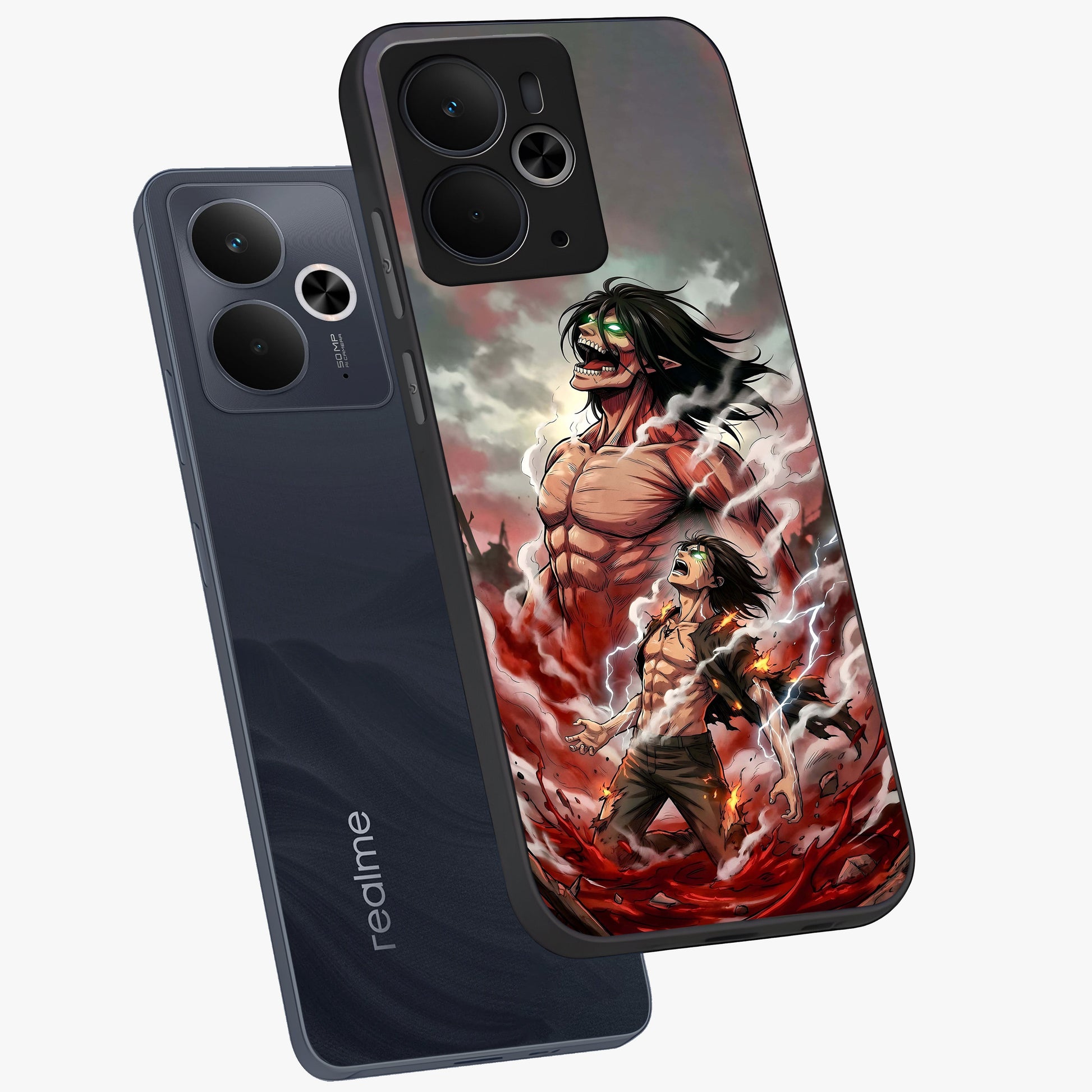 Titan Awakening Fury Glass Case displayed in angled mockup highlighting dramatic giant warrior design with bold anime aesthetic.