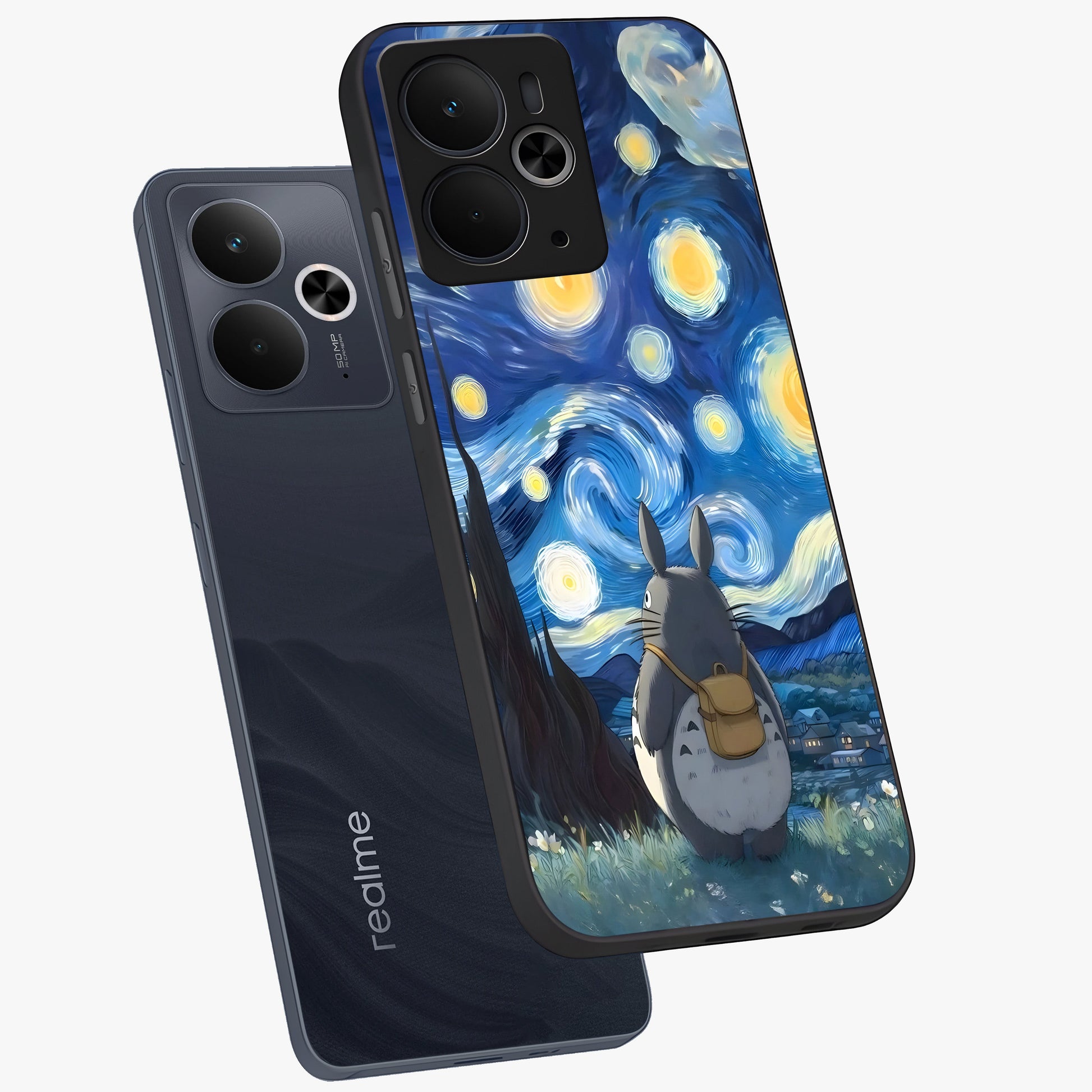 Totoro In Van Gogh Art Glass Case displayed in angled mockup highlighting artistic swirling sky design with playful animation aesthetic.