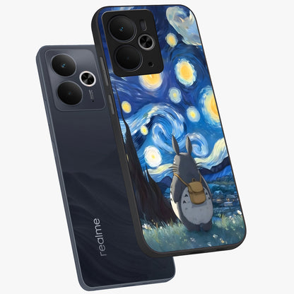 Totoro In Van Gogh Art Glass Case displayed in angled mockup highlighting artistic swirling sky design with playful animation aesthetic.