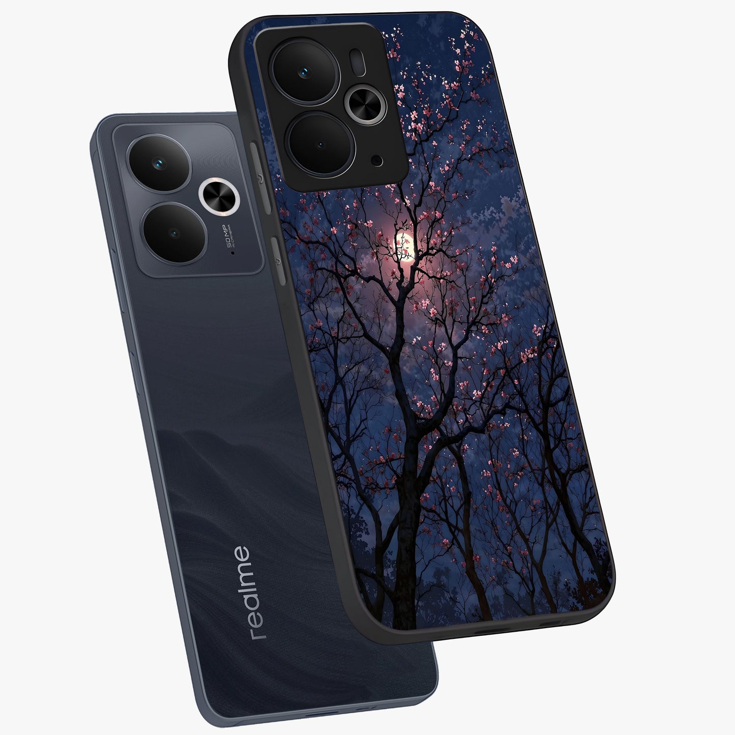 Twilight Sakura Serenade Glass Case displayed in angled mockup highlighting delicate sakura flower design with dreamy aesthetic.