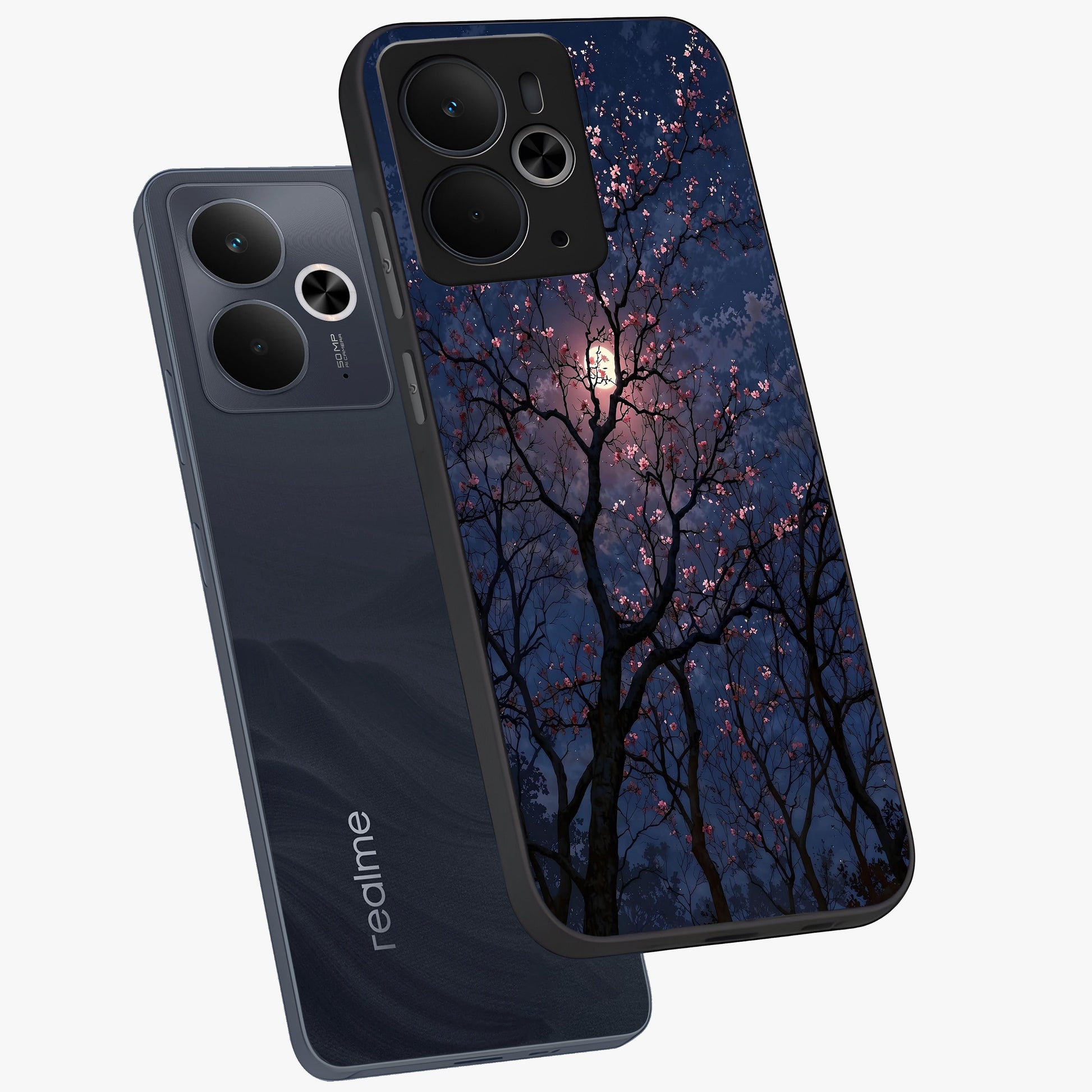Twilight Sakura Serenade Glass Case displayed in angled mockup highlighting delicate sakura flower design with dreamy aesthetic.