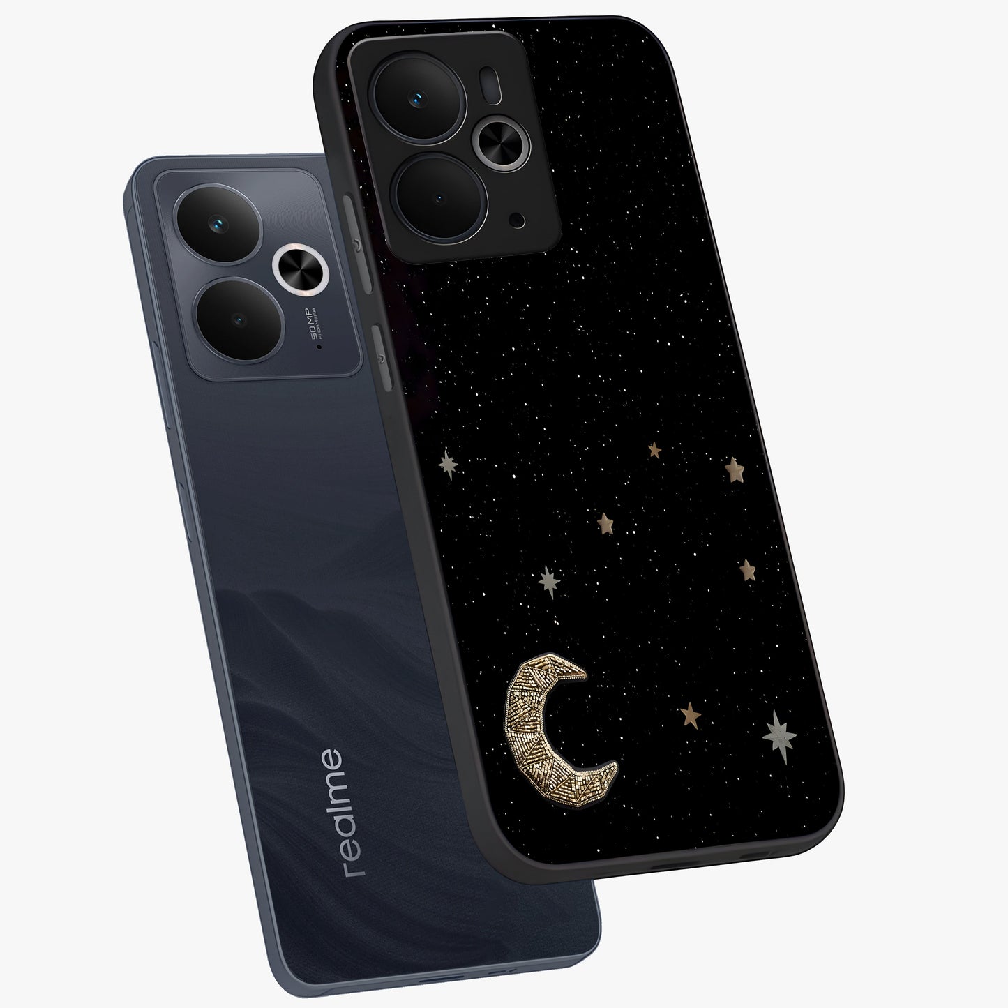 Twinkle Star With Half Moon Glass Case displayed in angled mockup highlighting celestial moon and star design with magical aesthetic.