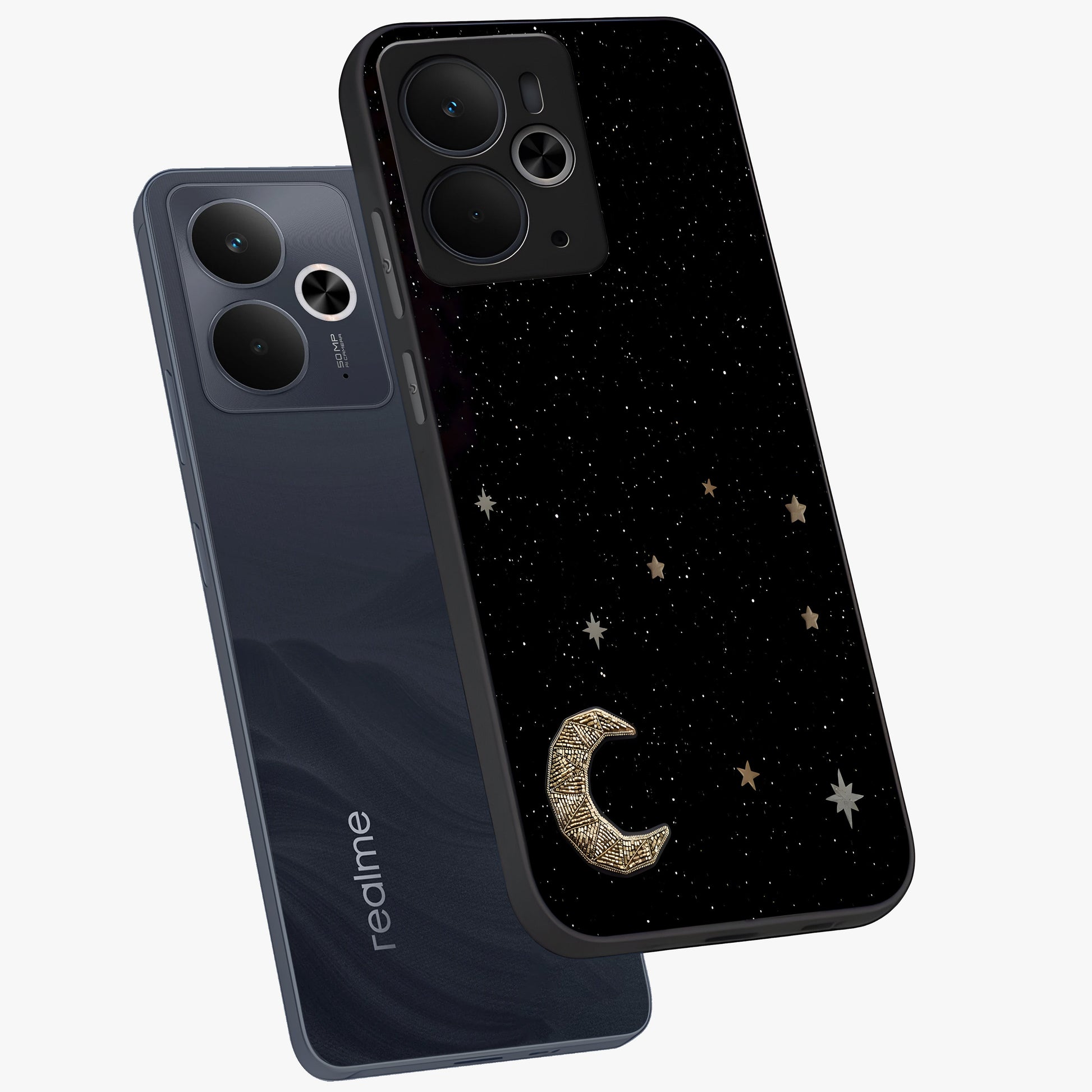 Twinkle Star With Half Moon Glass Case displayed in angled mockup highlighting celestial moon and star design with magical aesthetic.