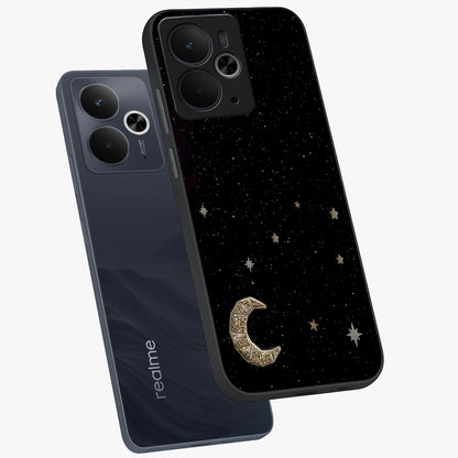 Twinkle Star With Half Moon Glass Case displayed in angled mockup highlighting celestial moon and star design with magical aesthetic.
